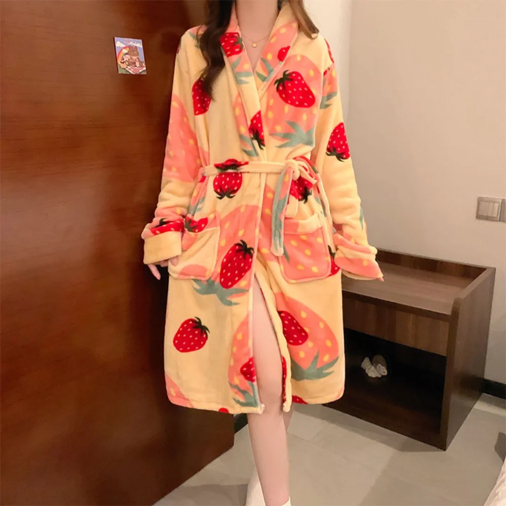 Women AutumnWinter Thick Flannel Robe Print Kimono Bathrobe Warm Fleece Nightgown Belted Pocket Homewear Ladies Casual Sleepwear