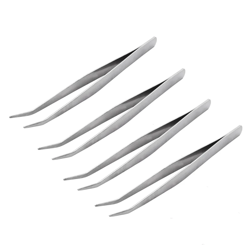 4 Pcs 5.9 Inch Long Silver Tone Bent Curved Tip Tweezers Forceps Plier Hand Tool