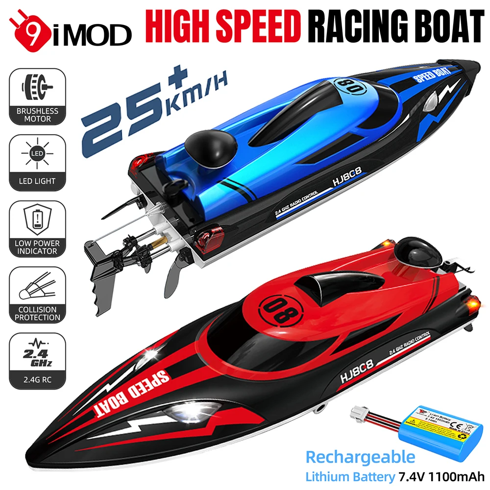 9IMOD HJ808 RC Boat 2.4G High-Speed Remote Control Racing Boat LED 370 Brushed Motor 25Km/h for Adults and Kids