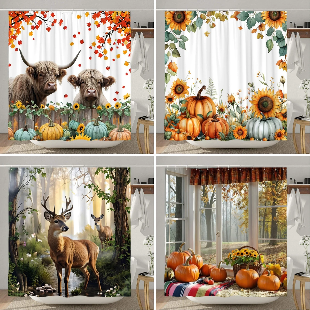 Autumn Farm Pumpkin Shower Curtain Thanksgiving Deep Woods Deer Rustic Highland Cow Sunflower Fabric Bath Curtain Bathroom Decor