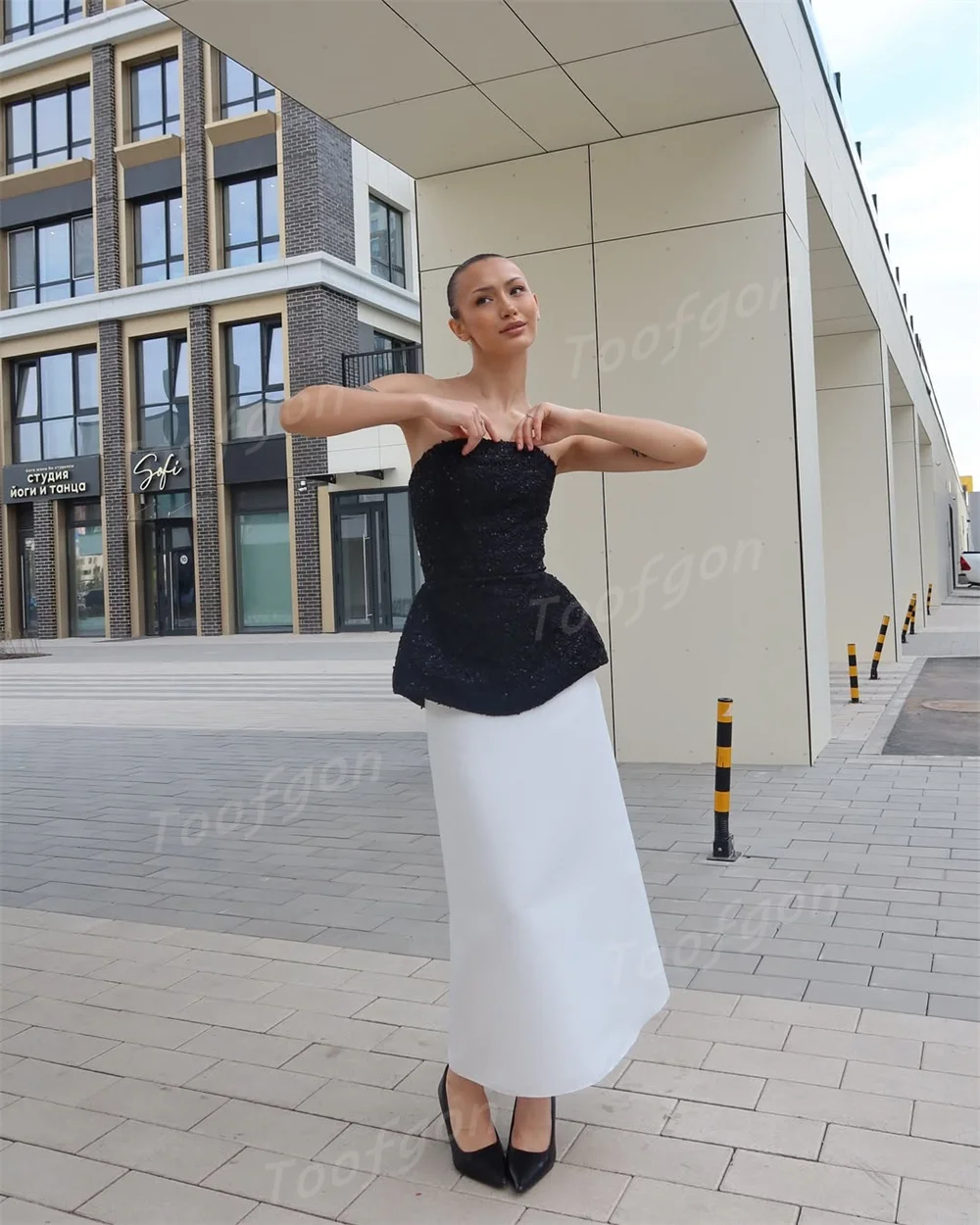 Toofgon Customized Sequined Black White Evening Dresses Strapless Ankle Length Shiny Prom Gowns Special Occasion Party Dress