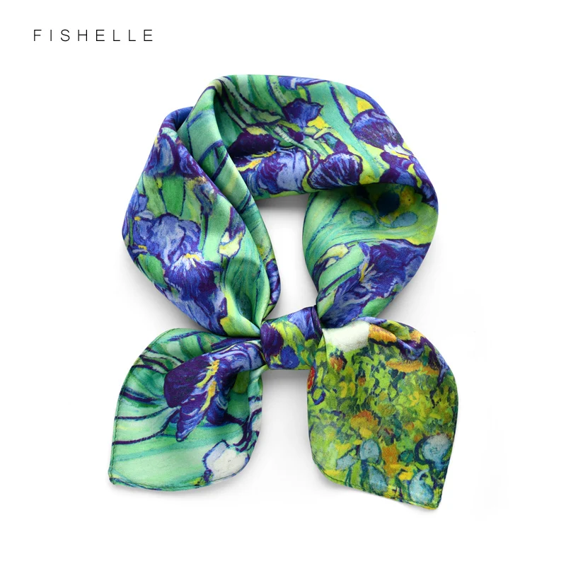 Oil Painting Iris printed natural silk scarf for women 100% real silk scarves small 50cm square soft handkerchief gift for lady