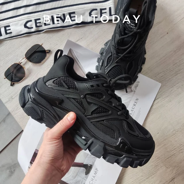 BeauToday Chunky sneakers damskie syntetyczna skóra siateczkowa patchworkowa okrągłe Toe sznurowane gruba podeszwa damskie buty sportowe ręcznie robione 29448