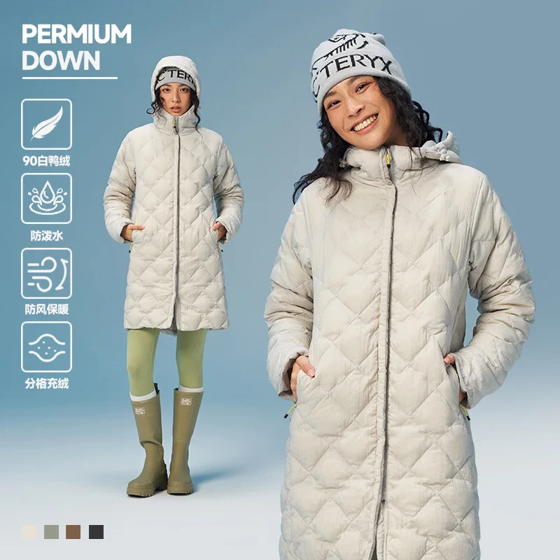 90 White Duck Down Waterproof Quilted Mid Long Hooded Down Jacket Women Lightweight Portable Down Coats Woman Outerwear JK-364