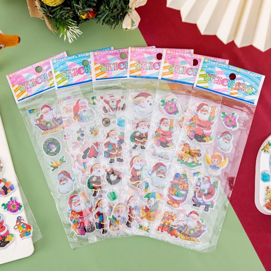 6-12pcs Christmas Style Bubble Stickers 3D Cartoon Creative Self-adhesive Graffiti Stickers for Laptop Luggage Reward Stickers ﻿
