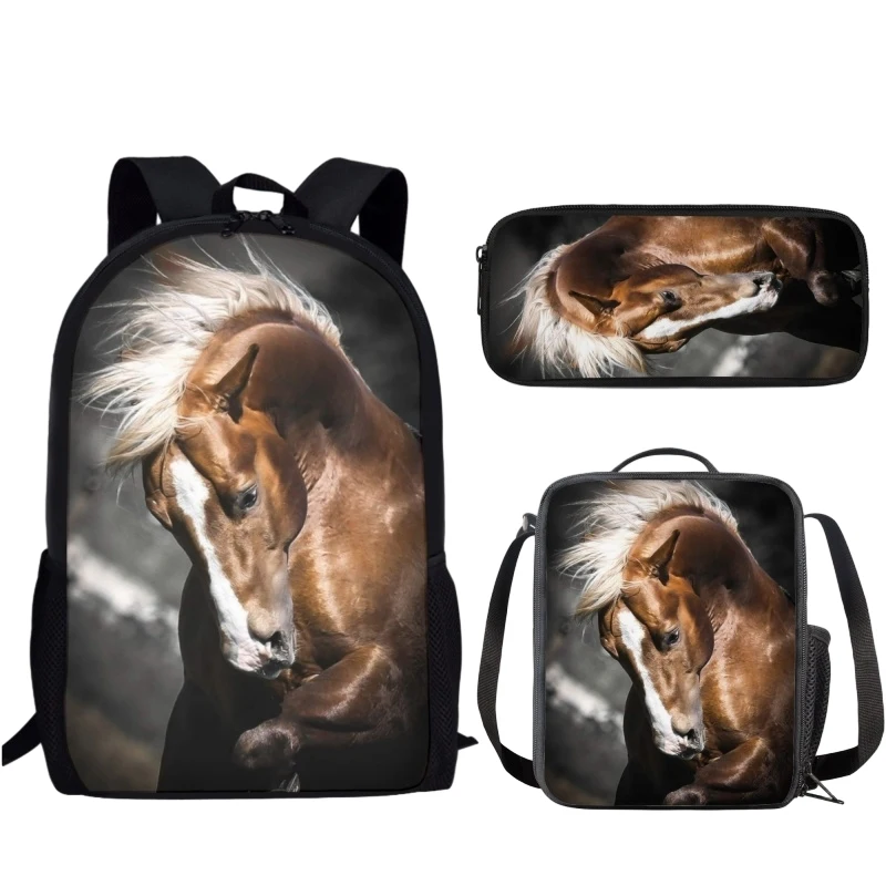 Sac à Dos d'École avec Imprimé 3D de Cheval Sauvage pour Enfant, Cartable de Grande Capacité pour Garçon et Fille, Adolescent, 3 Pièces/Ensemble