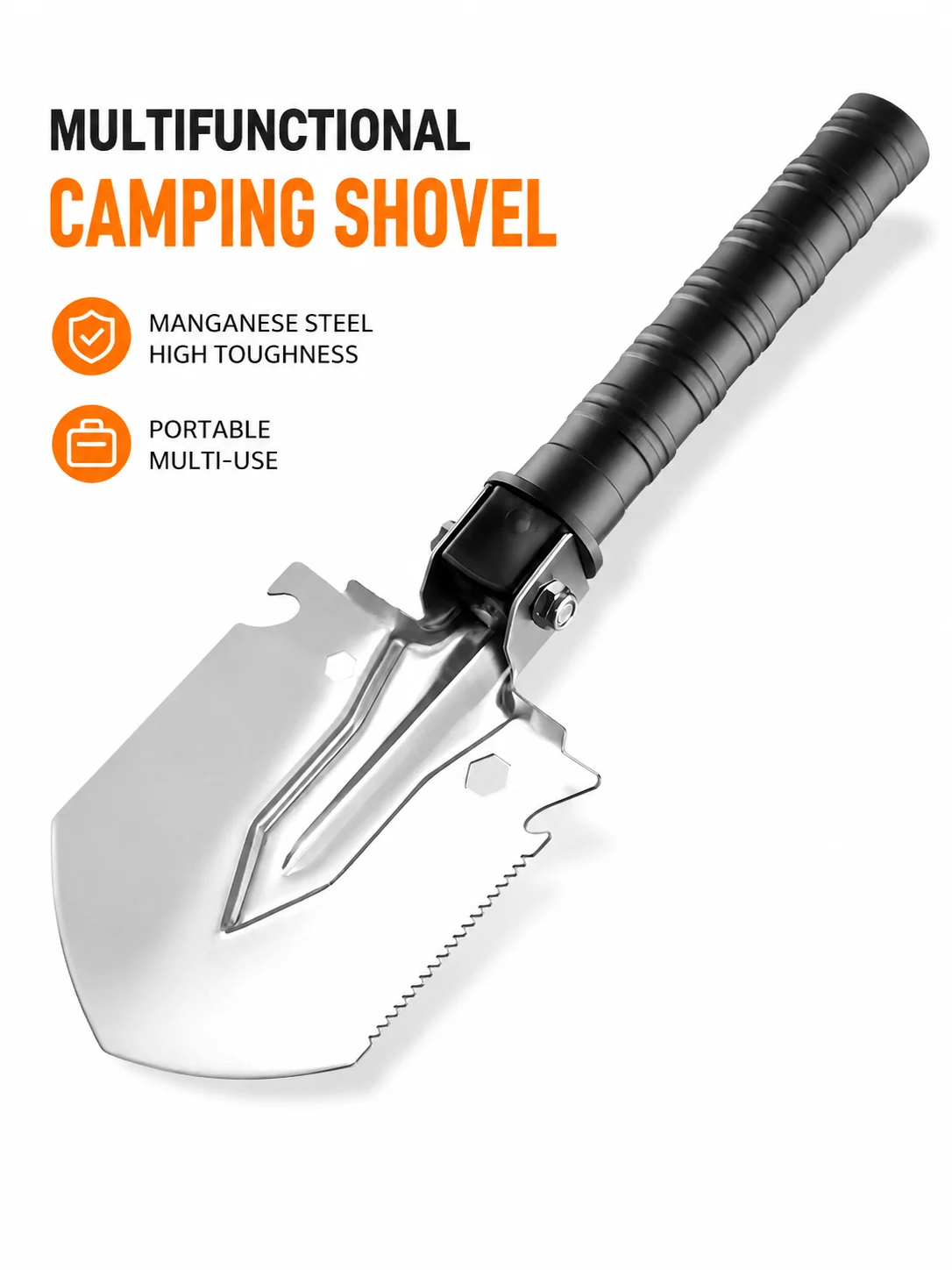 Multifunctional Camping Shovel Manganese Steel Portable Hand Trowel with Saw Edge, Hoe and Bottle Opener for Outdoor Gardening