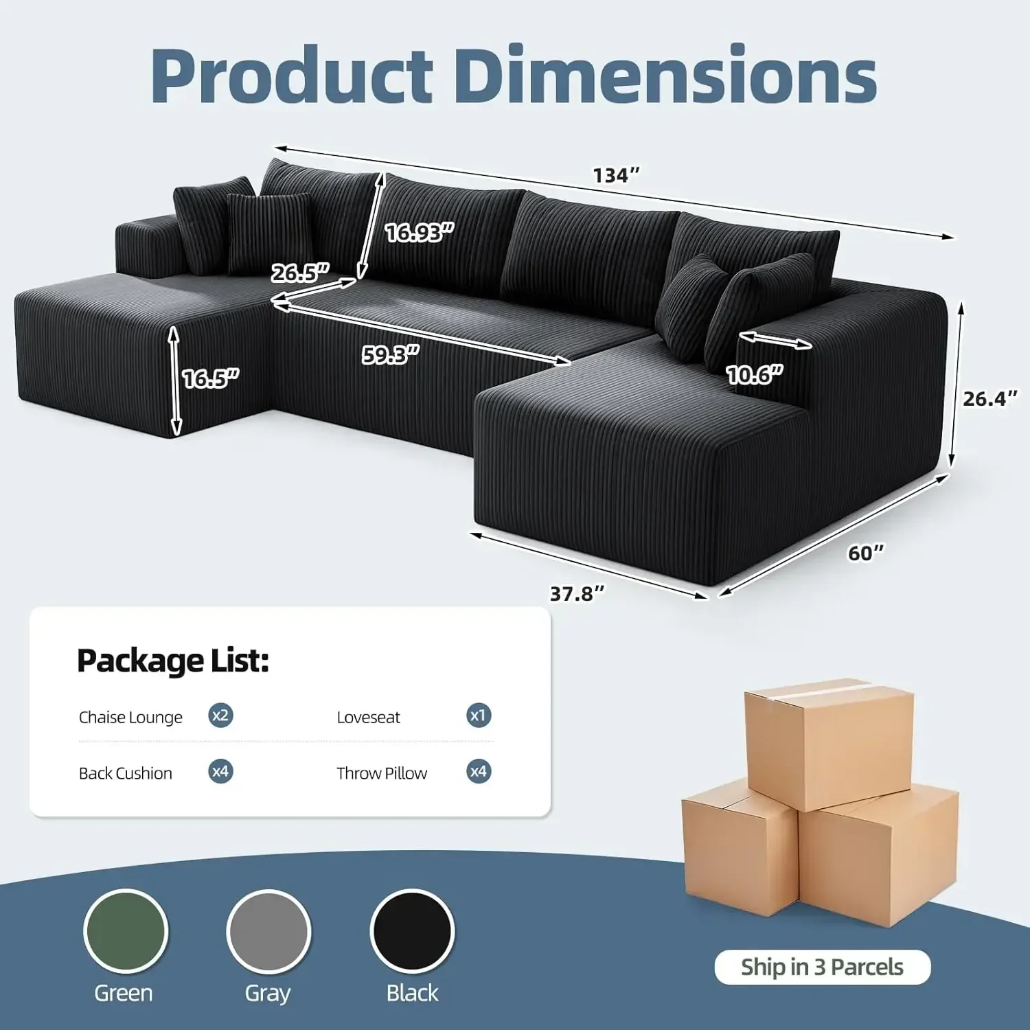 Cloud Couch U Shaped Sectional Sofa 134 Modular Boneless Couches for Living Room Corduroy Deep Seat Sofa with 2 Chaise Lounges