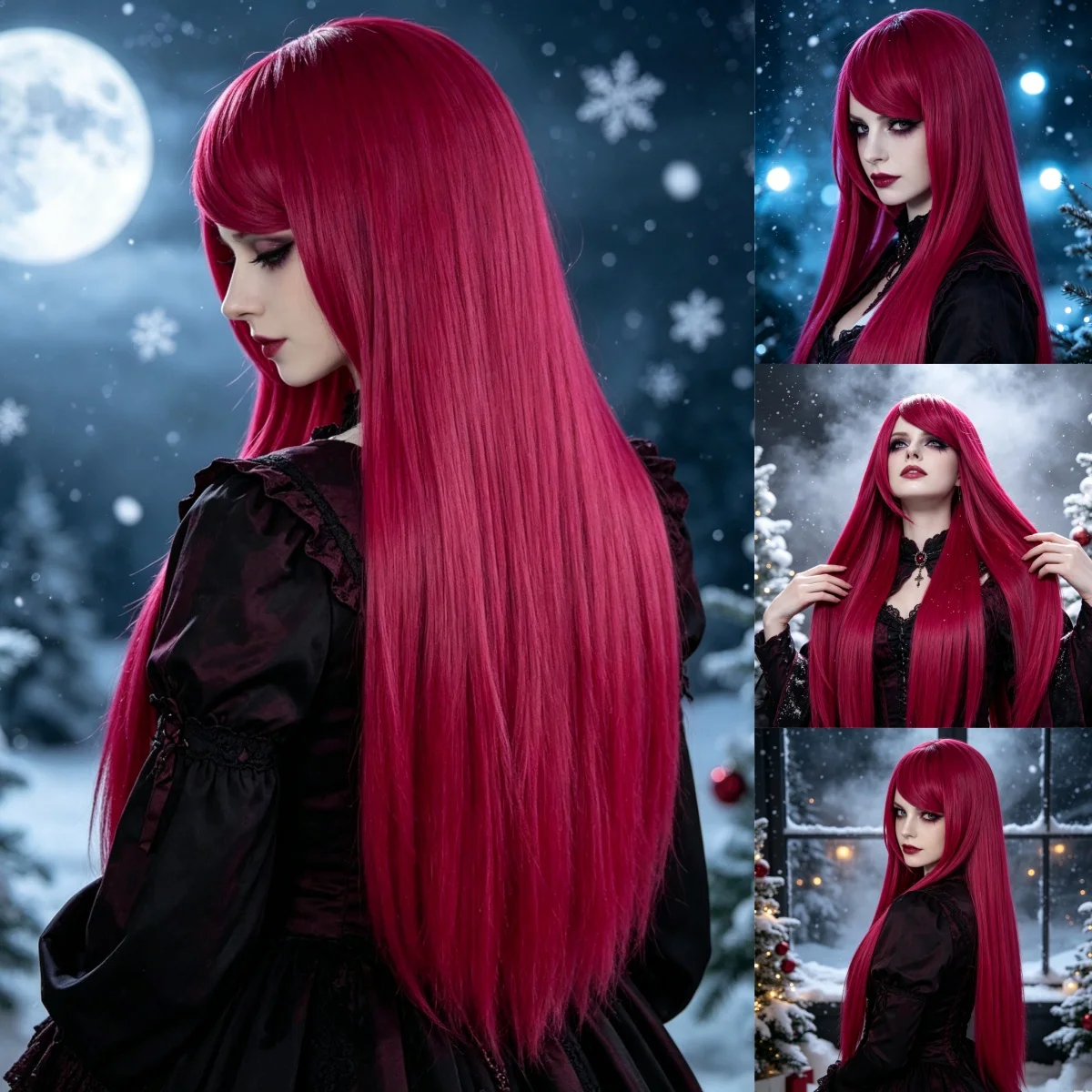 Women Red Long Straight Synthetic Wig With Bangs Rose Red Head Wig Heat Resistant For Princess Halloween Christmas Cosplay