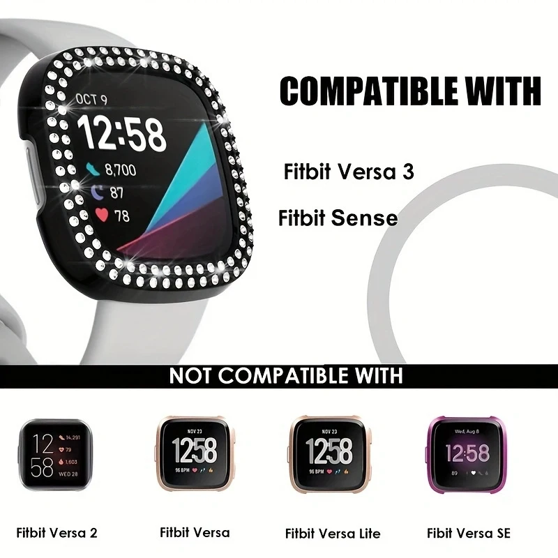 Bling Case for Fitbit Versa 3/Sense Smartwatch [No Screen], Double Row Shiny Crystal Rhinestone Hard PC Bumper Frame