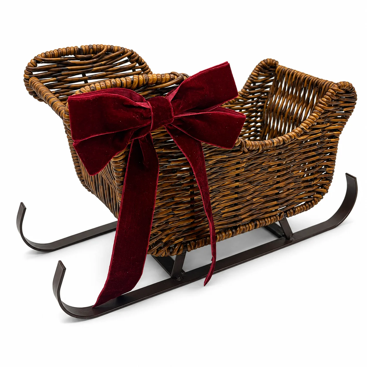 Rattan Christmas Sleigh Decor with Red Velvet Bow, Woven Sled Tabletop Ornament Holiday Home Decoration Xmas Display