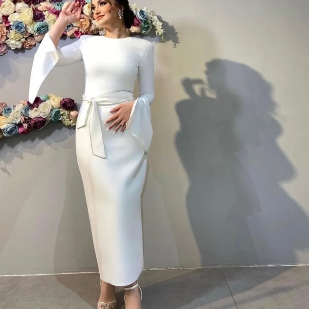 

Customized White Straight Prom Dresses Tea-Length O-Neck Full Sleeve Evening Gown Simple Fashion Sequined Sashes Party Gown