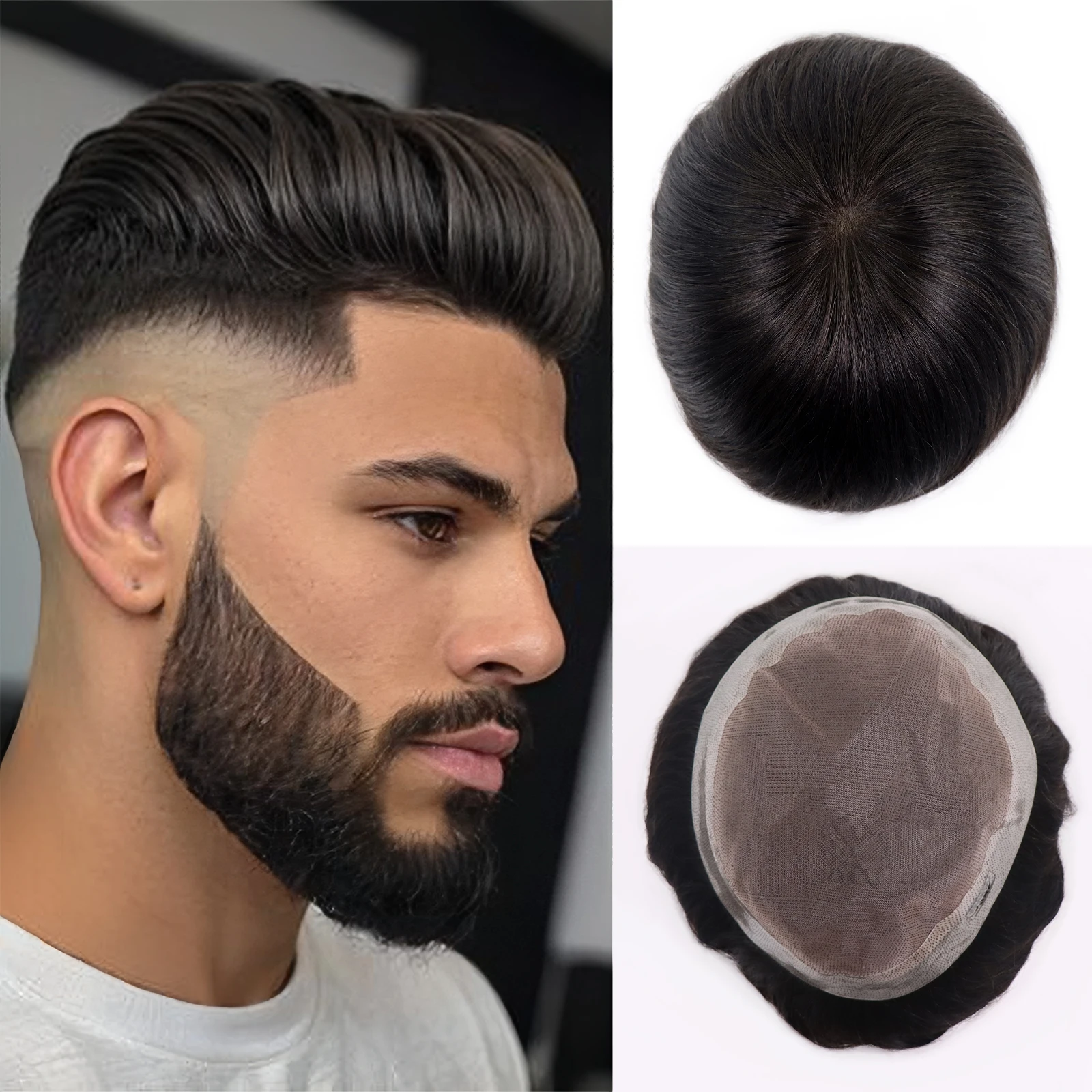 

Мужской парик для мужчин, дышащий моно-топ с ПУ вокруг мужского натурального черного цвета, 8X10 дюймов, система замены человеческих волос