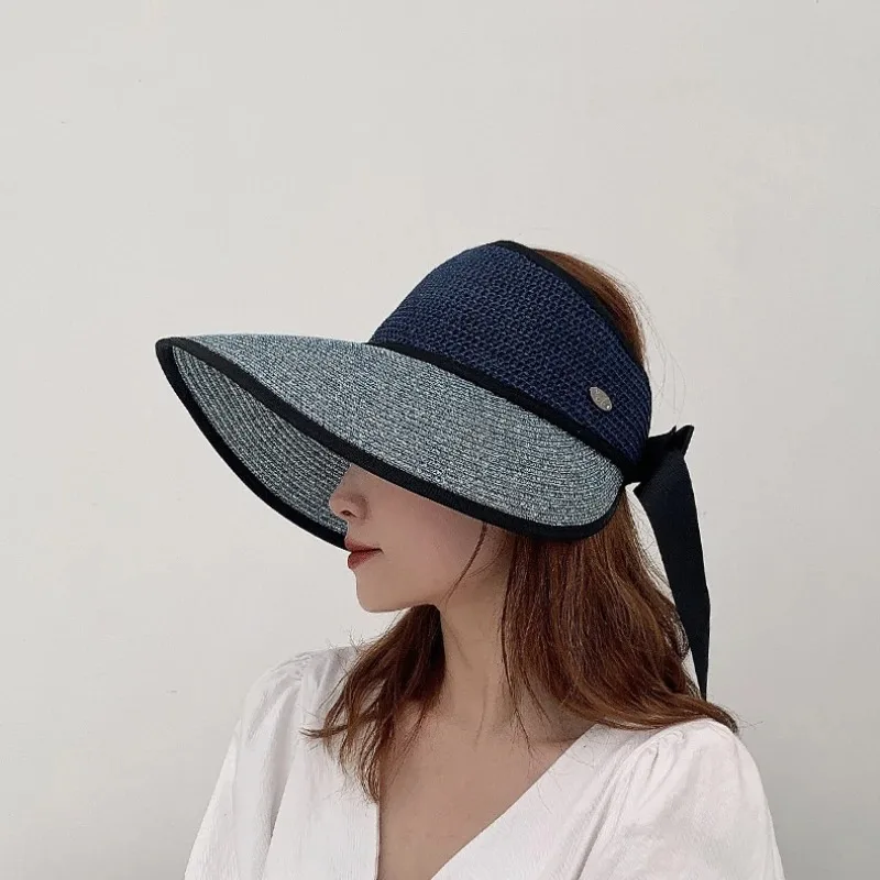 New Summer Straw Hats For Women Beach Hat Sun Empty Top Female Sun UV Protection Big Brim Hat Foldable Bowknot Cap