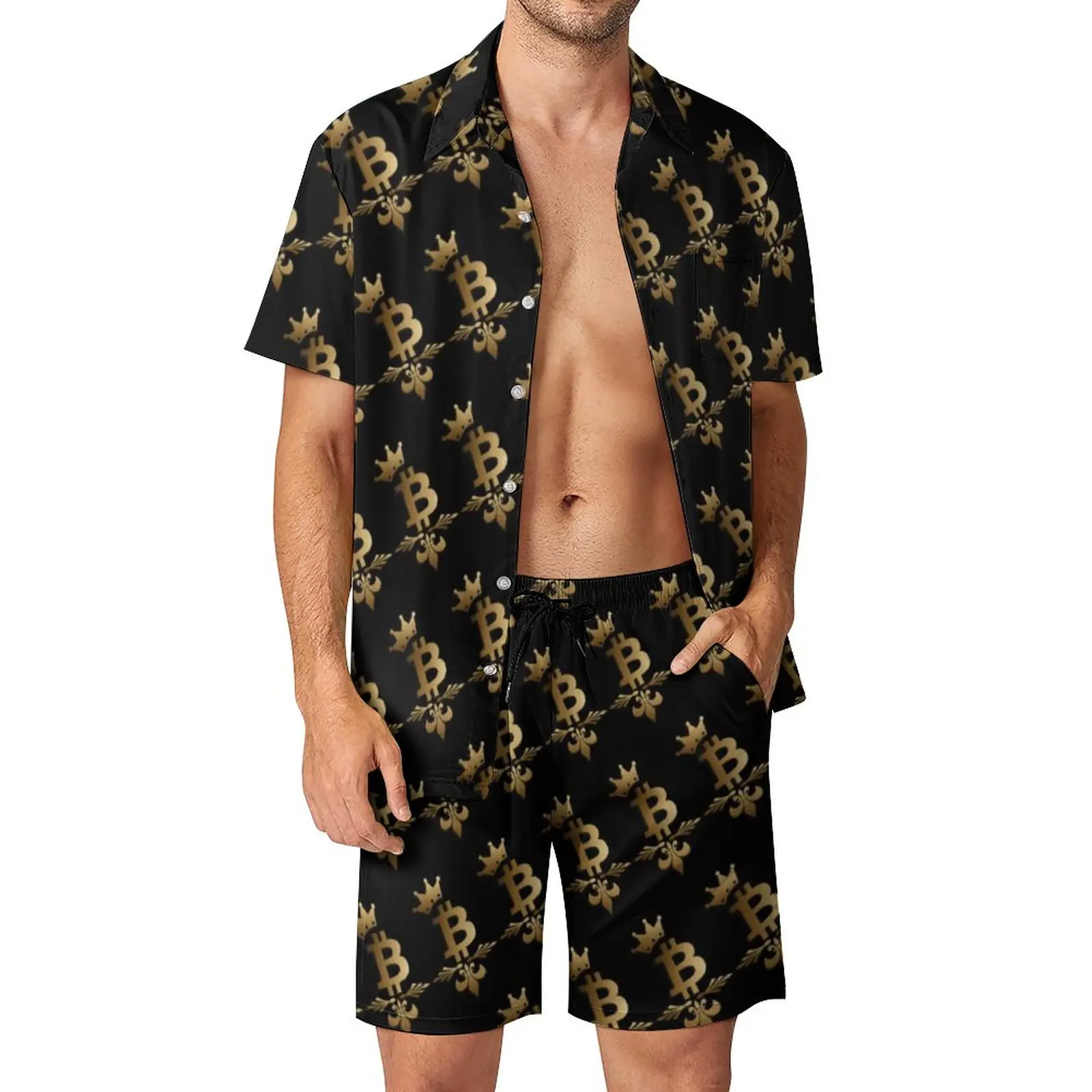Golden Bitcoin Men Sets Blockchain Crypto Print Casual Shorts Beachwear Shirt Set Summer Funny Suit Short Sleeves Big Size