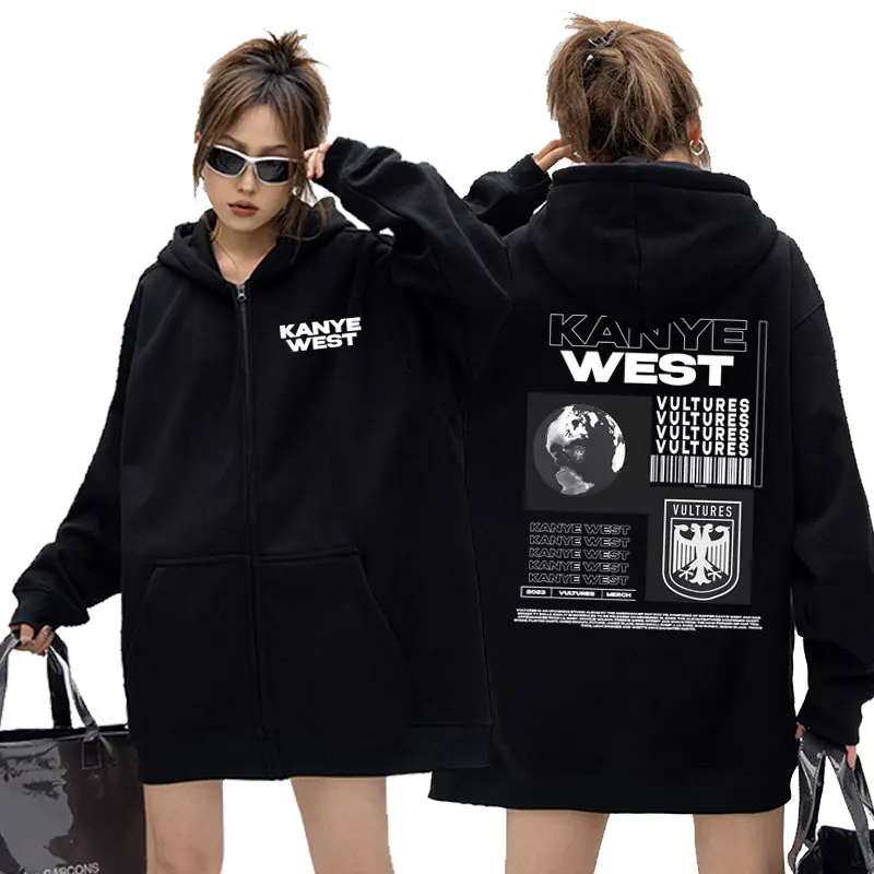 

Rapper Kanye West Vultures Album Graphic Zipper Hoodie Male Vintage Oversized Zip Up Jacket Men Women Hip Hop Casual Sweatshirt