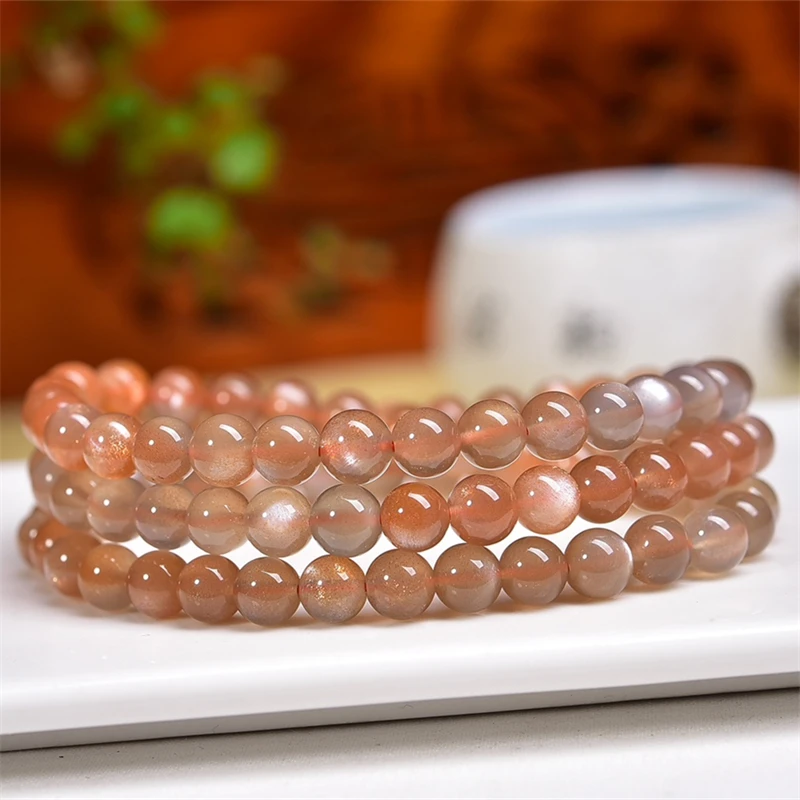 6MM Natural Sunstone Triple Circle Bracelet Smooth Gemstone Reiki Healing Jewelry Energy Crystal Holiday Gift 1PCS