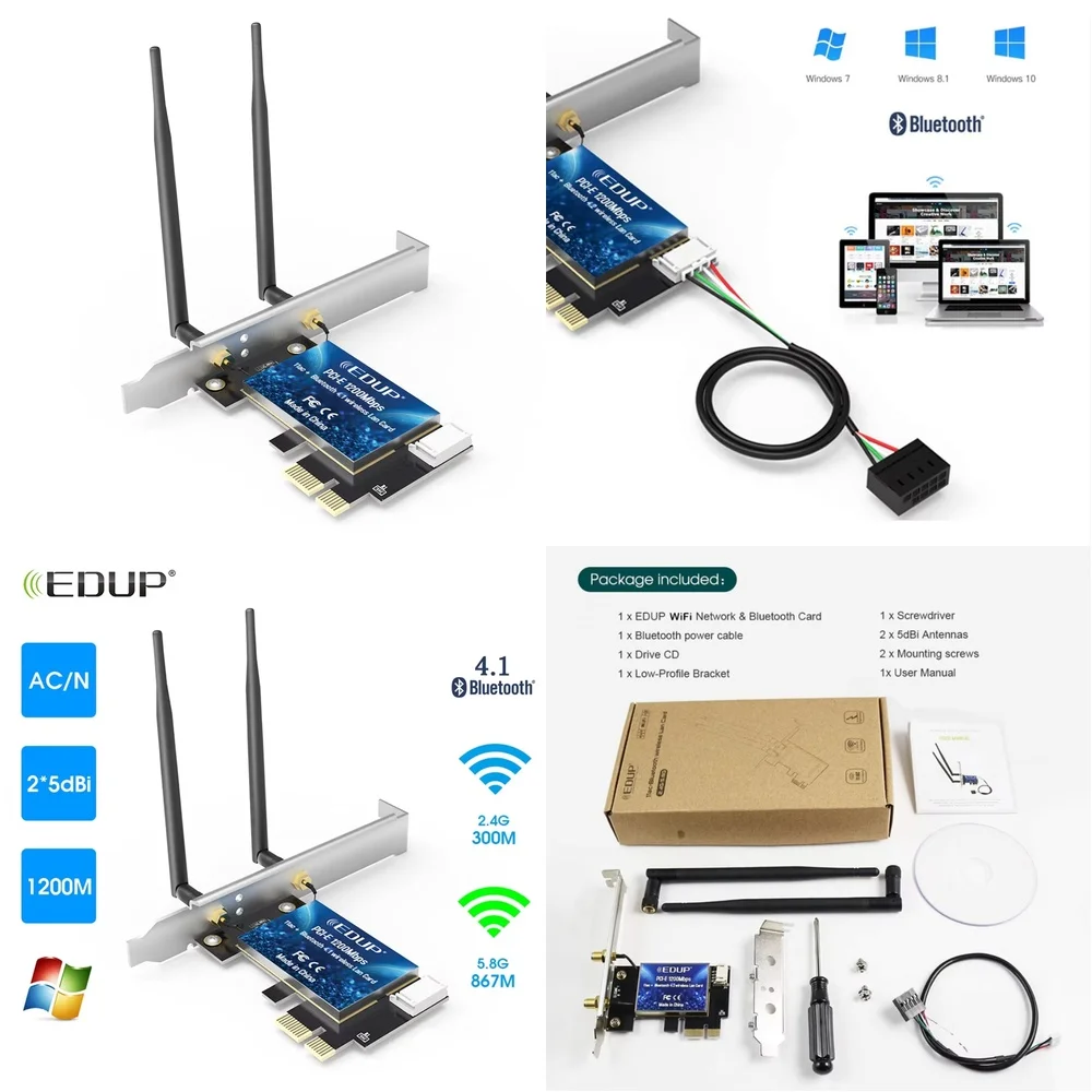 

EDUP for PCIE AC1200Mbps Wireless Network Adapter Card for Desktop Computer PCI Express WiFi Card for Windows 10 11 Linux