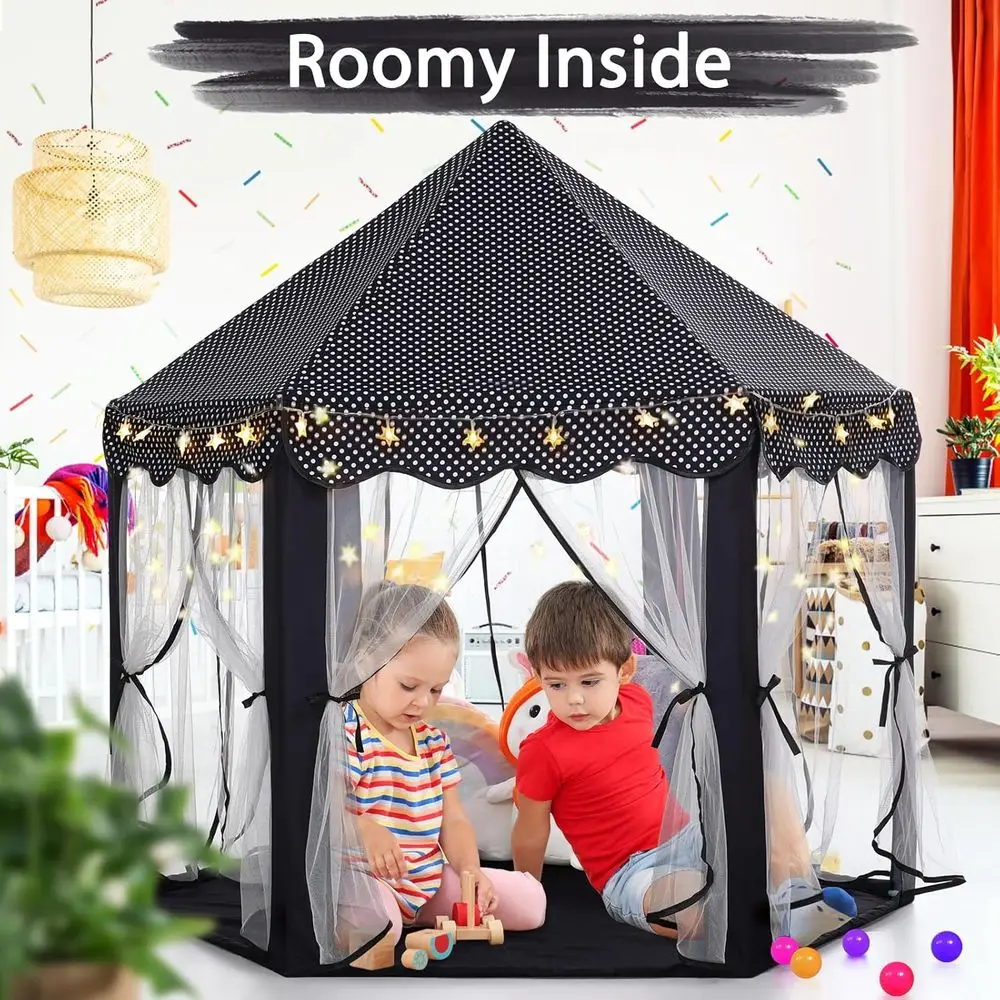 Tenda da principessa per ragazze, grande casetta da gioco nera per bambini, tenda da gioco con castello, con luci a stella, giocattolo regalo per bambini, per interni ed esterni