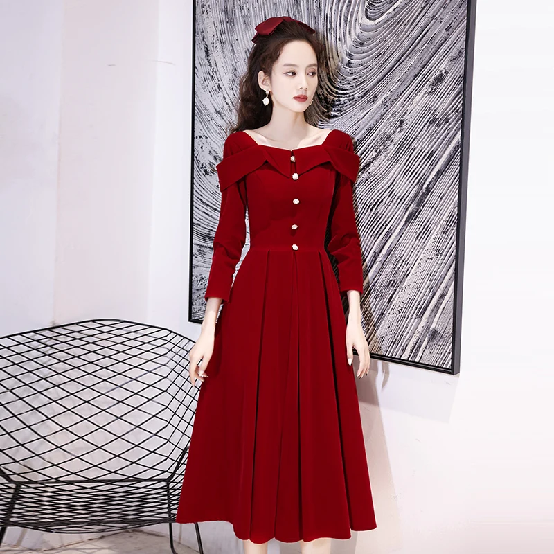 

Элегантное красное свадебное платье для невесты: модное, с завышенной талией, длинными рукавами, средней длины, подходит для помолвки и свадьбы