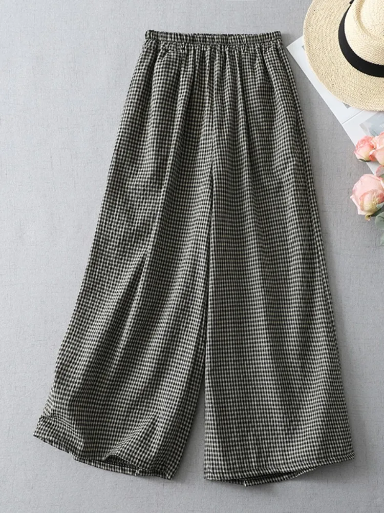 

Loose Lazy Drapey Cotton Plaid Pants Women Summer Large Size Elastic Waist Straight Leg Casual Versatile Nine Points Pants