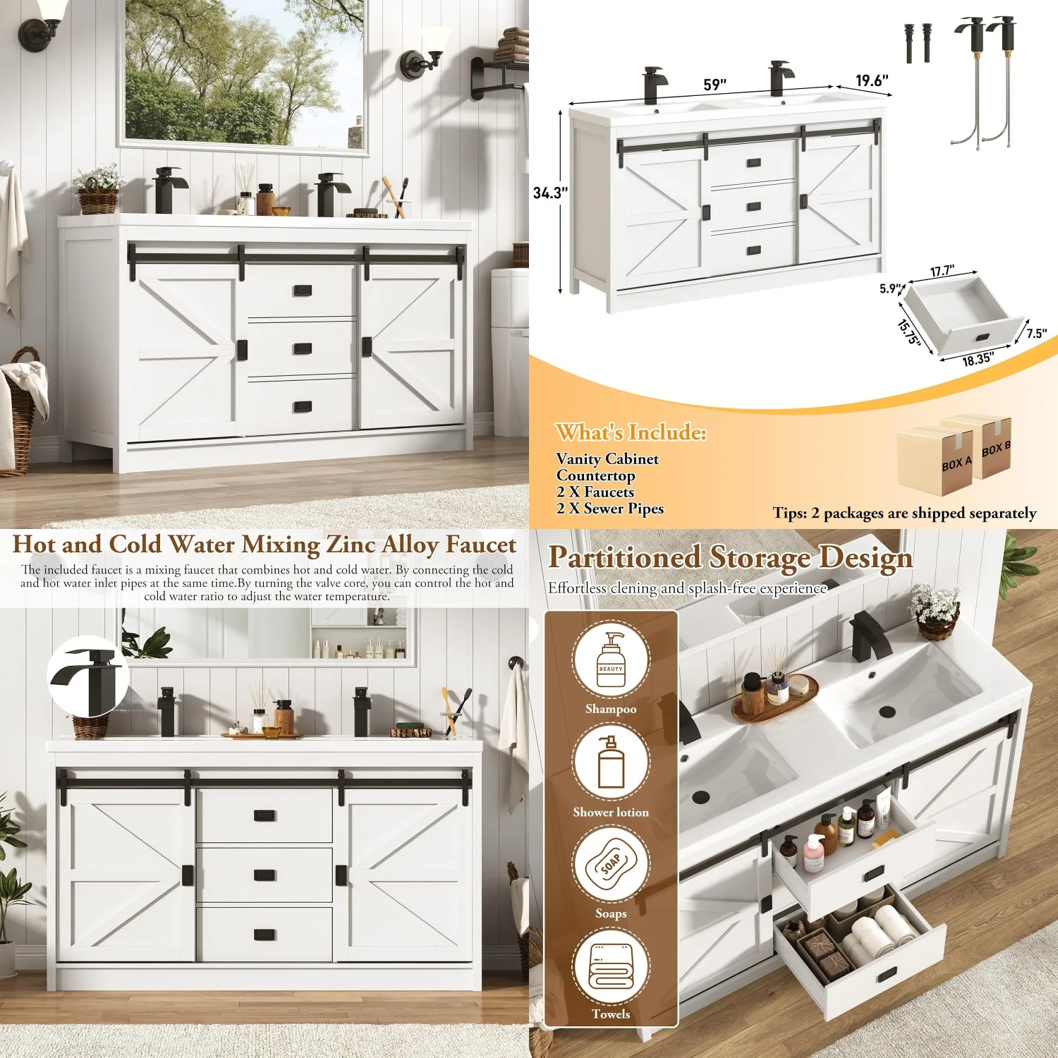 

59in Double Bathroom Vanity Sink Faucet Drain Set Farmhouse Cabinet 3 Drawers Sliding Barn Door White Customized