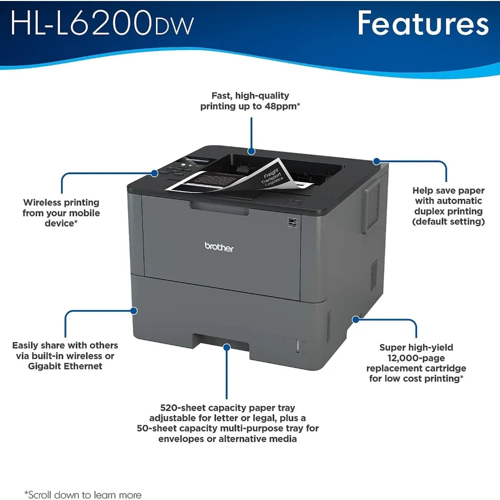 HL-L6200DW Draadloze Monochrome Single-Function Laserprinter-Alleen Afdrukken-48 Ppm, 1200X1200 Dpi, Auto Duplex Printen