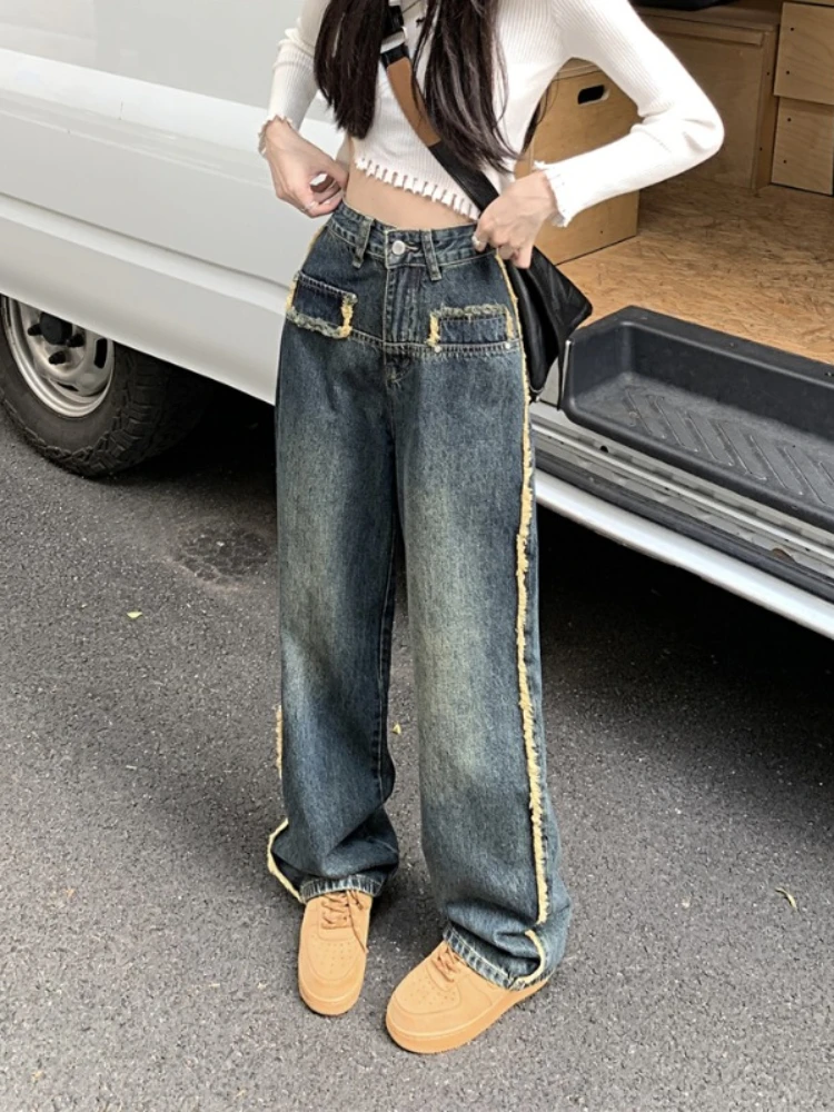 S-5XL Jeans Women Bleached Tassel Retro All-match Simple High Waist Leisure American Style Comfortable Streetwear Trendy Daily