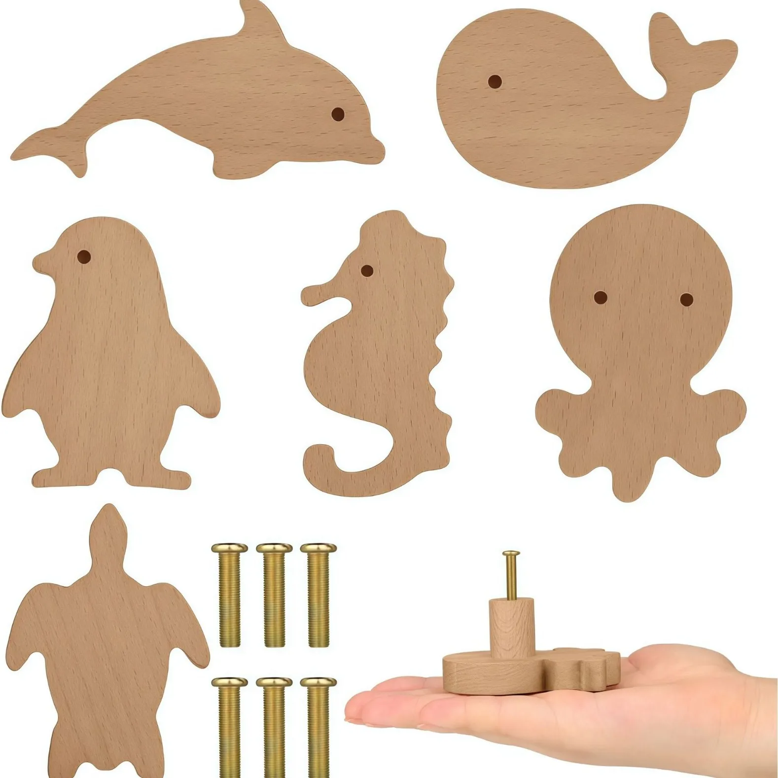 Fun Animal Solid Wood Pulls Creative Wooden Handles for Drawer Cabinet Shoe Cabinet Penguin Dolphin Knobs Furniture Hardware