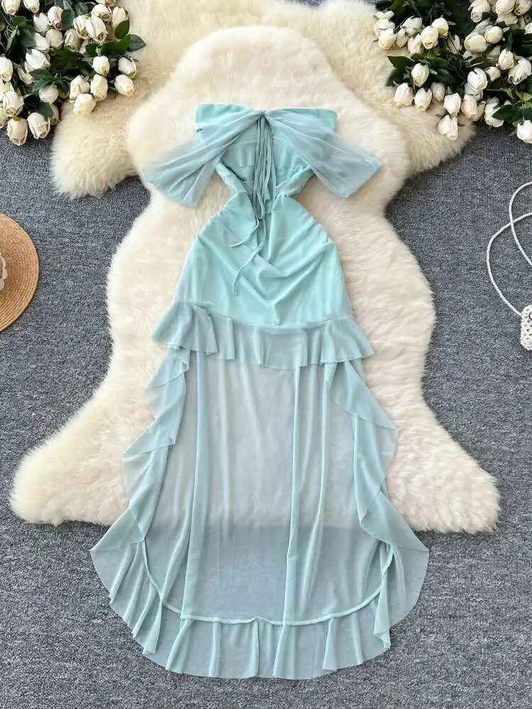 French Off Shoulder Sexy Beach Dress Women Summer Shawl Sleeveless Irregular Long Dresses Ladies Chiffon Boho Green Long Robe