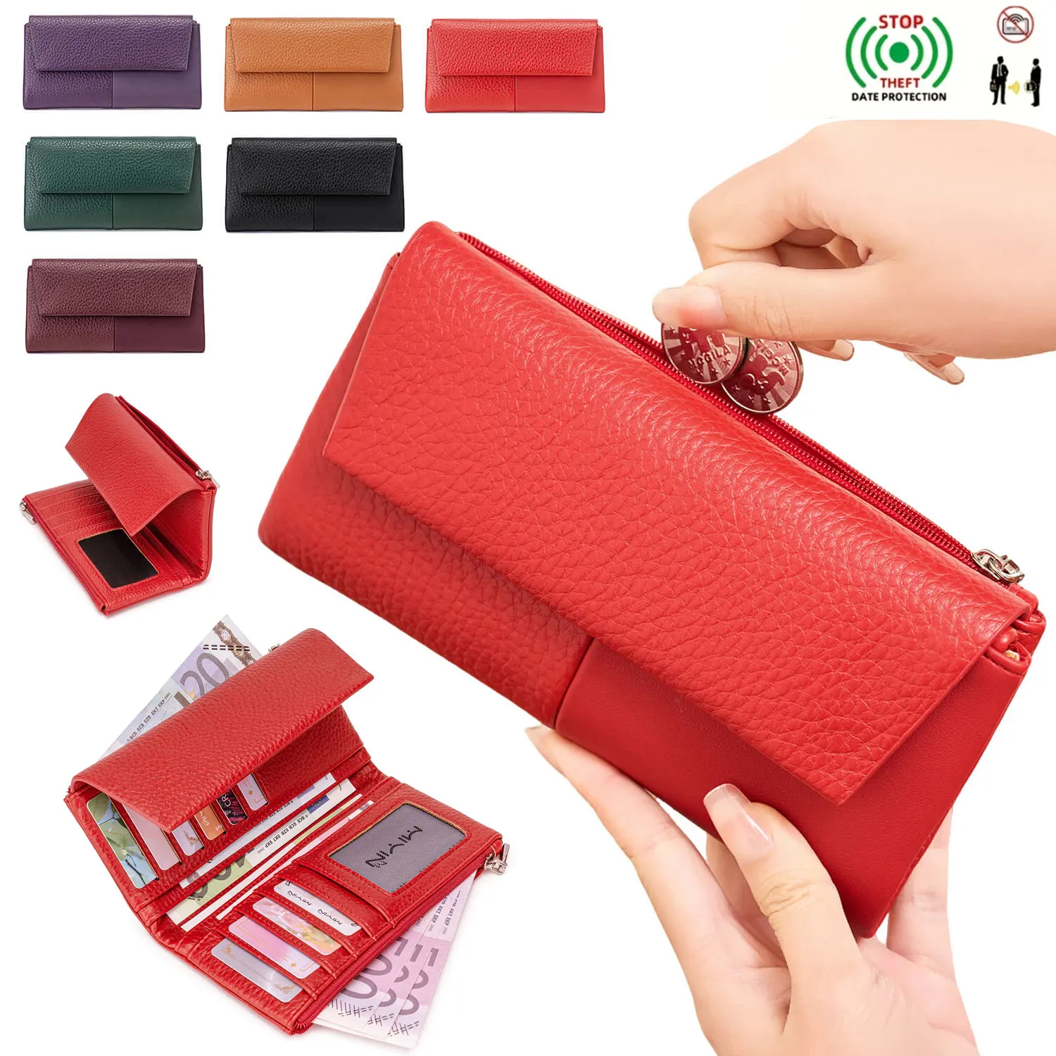 

Женские кошельки с защитой от RFID, тройного сложения, большой вместимости, для кредитных карт, модные, из искусственной кожи, с молнией для монет, ручная сумка-кошелек