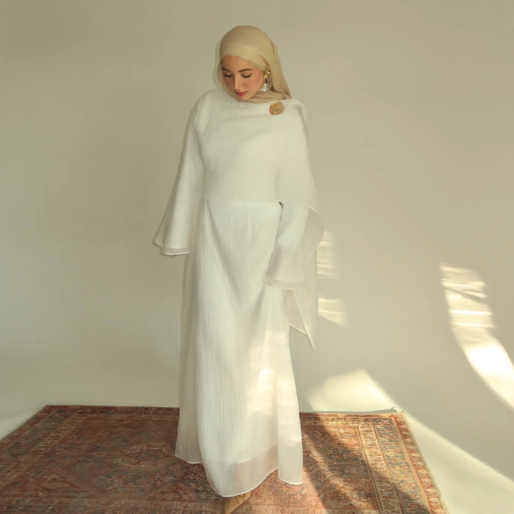 Gaun Abaya Lebaran dengan Set Selendang Winkle 2 Lapis Busana Muslimah Sederhana Gaun Pesta Mewah Dubai Kaftan Jubah Ramadhan Pakaian Islami