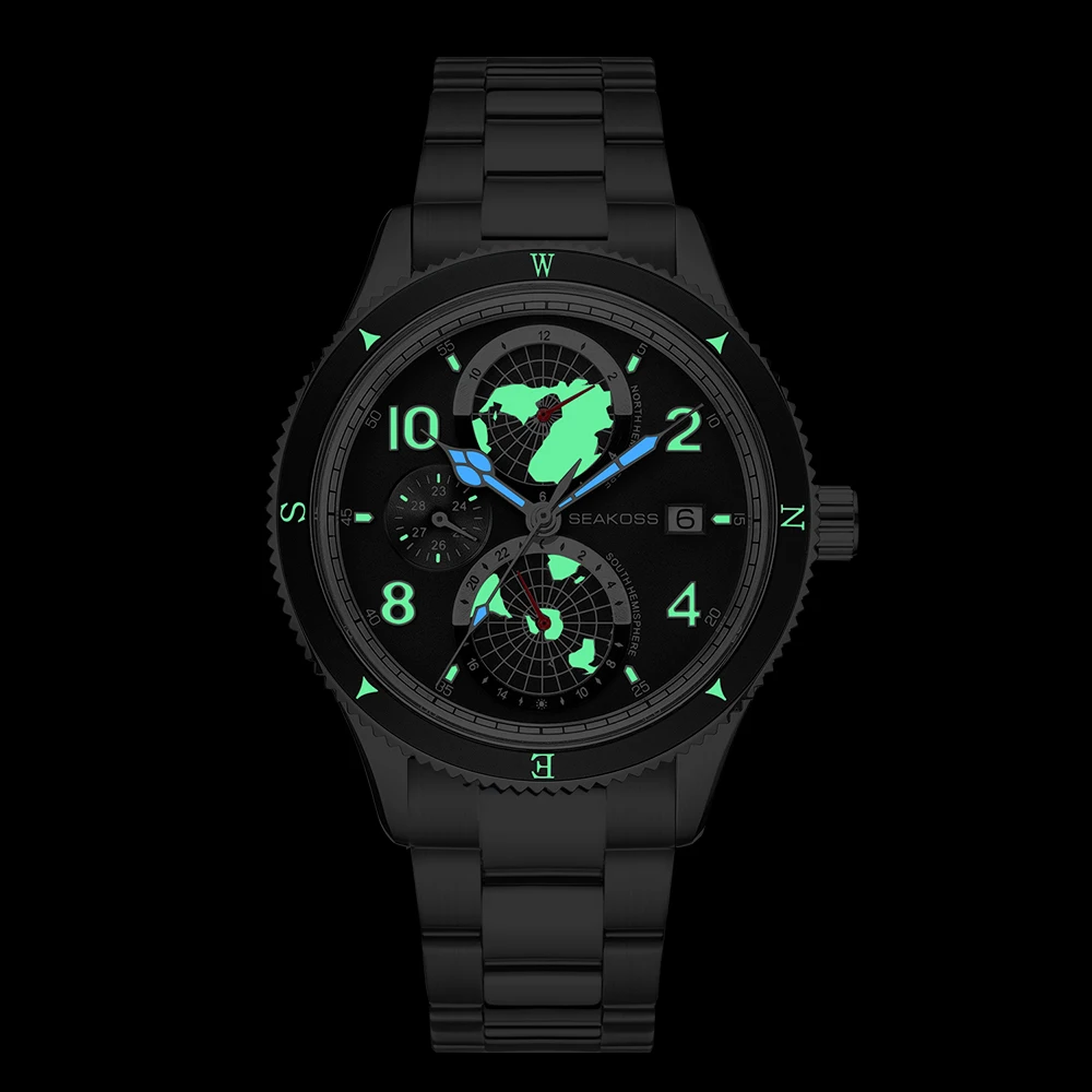 SEAKOSS Sud Nord Hemispheres Fully Automatic Mechanical Watch Year Month 24Hour Display FKM Strap Super Luminous Dive Wristwatch