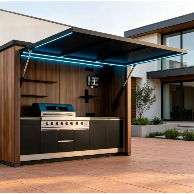 modular outdoor prefabricated electric kitchen unit, fireproof and safe stainless steel, windproof and rainproof mobile garden