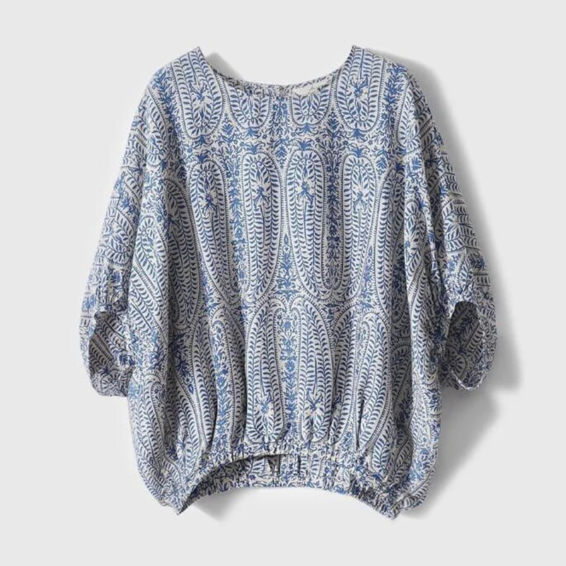 แฟชั่นหลวมพิมพ์โบว์แขน Batwing เสื้อผู้หญิงเสื้อผ้า 2025 ฤดูร้อนใหม่ Casual Pullovers Tops พับเสื้อ