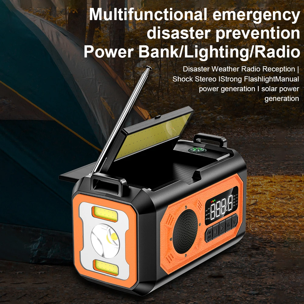 راديو الطقس كرنك الطوارئ مع تنبيه الطقس NOAA بقدرة 12000 مللي أمبير في الساعة كرنك اليد الشمسية المحمولة راديو AM/FM/WB مع 3 أوضاع مصباح يدوي
