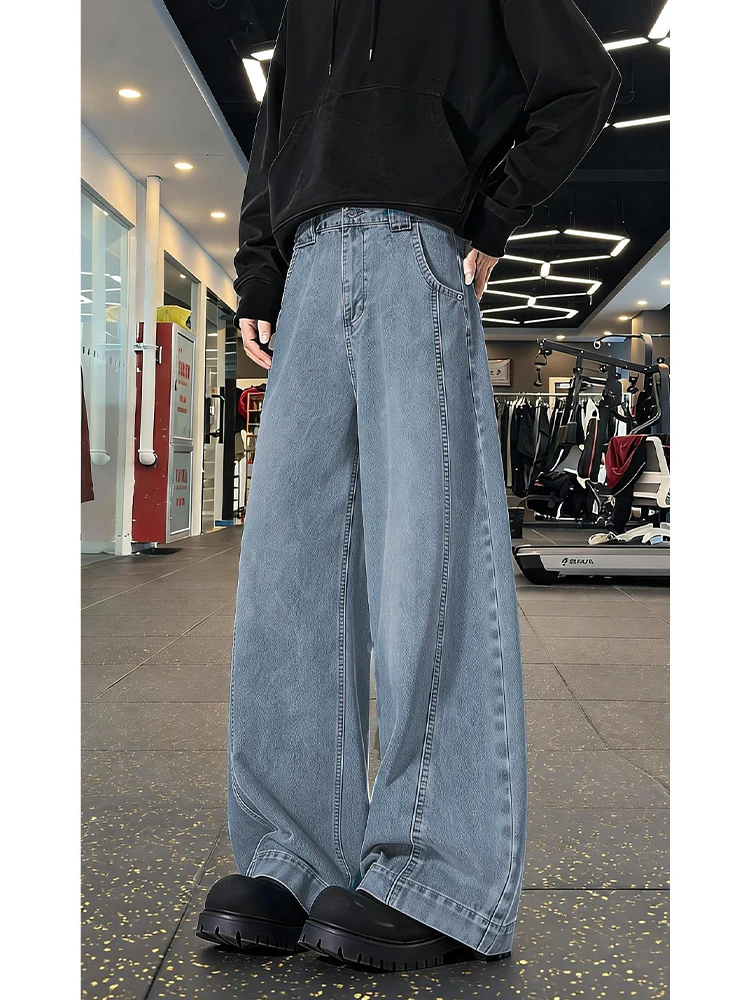 

Light Blue Angle Cut Cowboy Jeans Men's Sle American Casual Wide Leg Straight Cut Spring Faion High Waist Zipper Fly