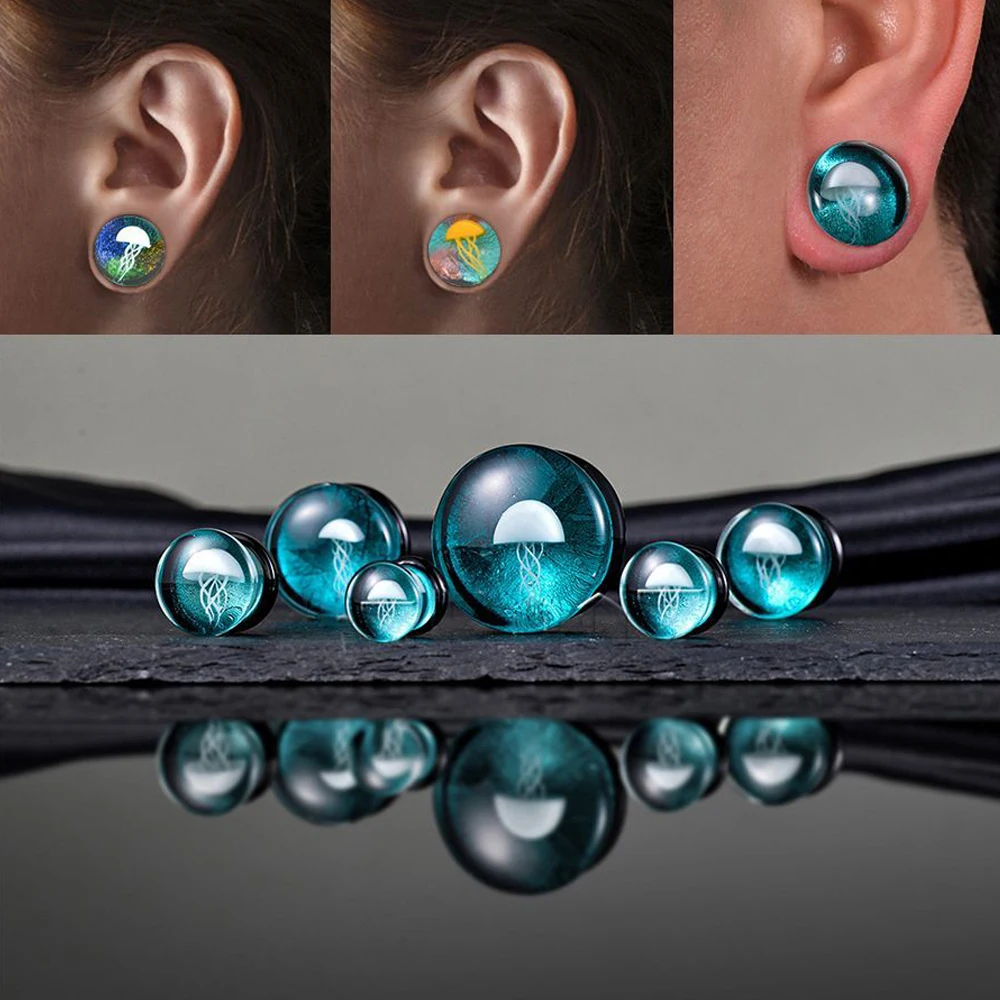 2pcs Glass Jellyfish Ear Plugs and Tunnels Luminous Glow in Dark Ear Stretcher Expander Flesh Double Flared Earring Piercings