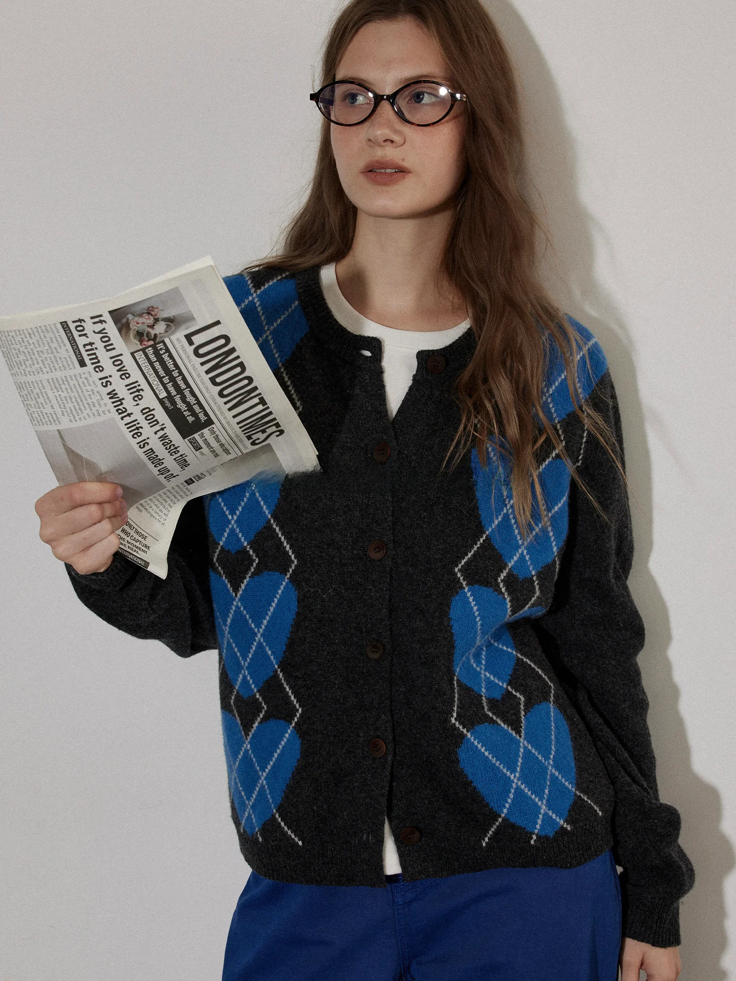 

Свободный женский вязаный кардиган Lofi с ромбовидным узором, романтичный дизайн, смесь полиэстера и шерсти, длинный рукав, на выбор цвета