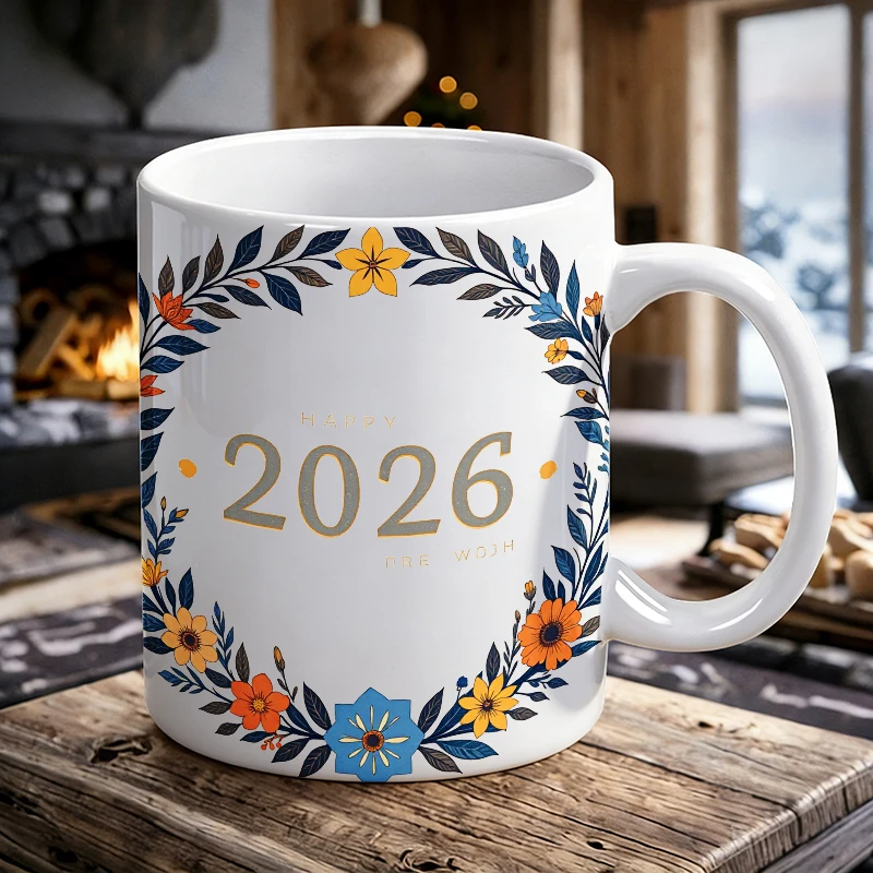 

2026 Happy Floral Wreath Ceramic Mug, Coffee Cup, Milk Cup, Office Tea Cup, Drinking Cup, Fade-Resistant, Gift for Friends