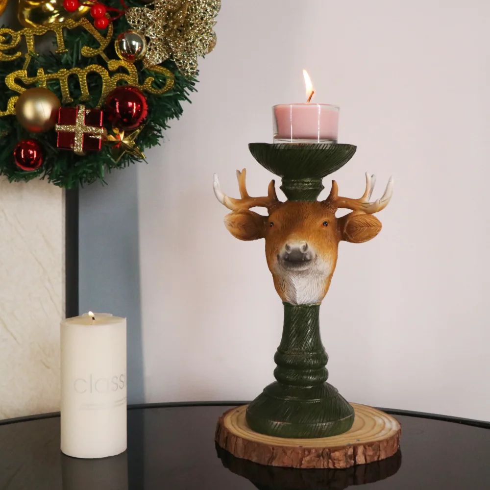 Christmas Decorative Candlestick Resin Santa Claus Reindeer Statue Deer Head Candle Holder Home Decoration Desktop Ornament
