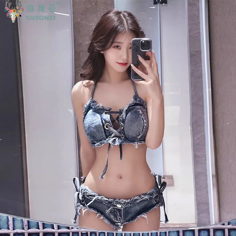 

Women's Denim Halter Top Suit Sexy Spicy Girl TemptationBackless DJ Jazz Dance DS Stage Jeans Nightclub Mini Shorts Flirting Set