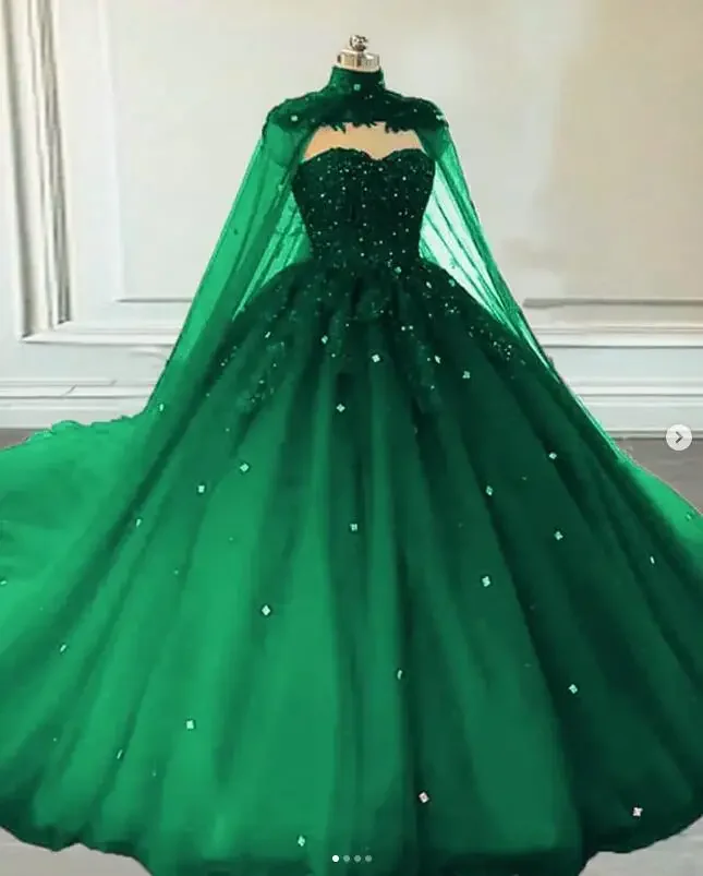 vintage princess emerald green wedding dresses with cape wrap gothic sweetheart applique beaded lace-up corset bridal gowns