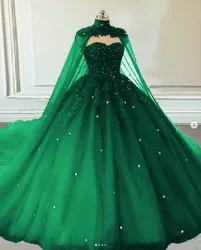 vintage princess emerald green wedding dresses with cape wrap gothic sweetheart applique beaded lace-up corset bridal gowns