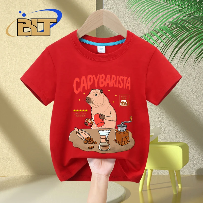 Capybarista เสื้อยืดเด็กพิมพ์ลายการ์ตูน, เสื้อลำลองแขนสั้นผ้าฝ้ายสำหรับเด็กใส่ในฤดูร้อน