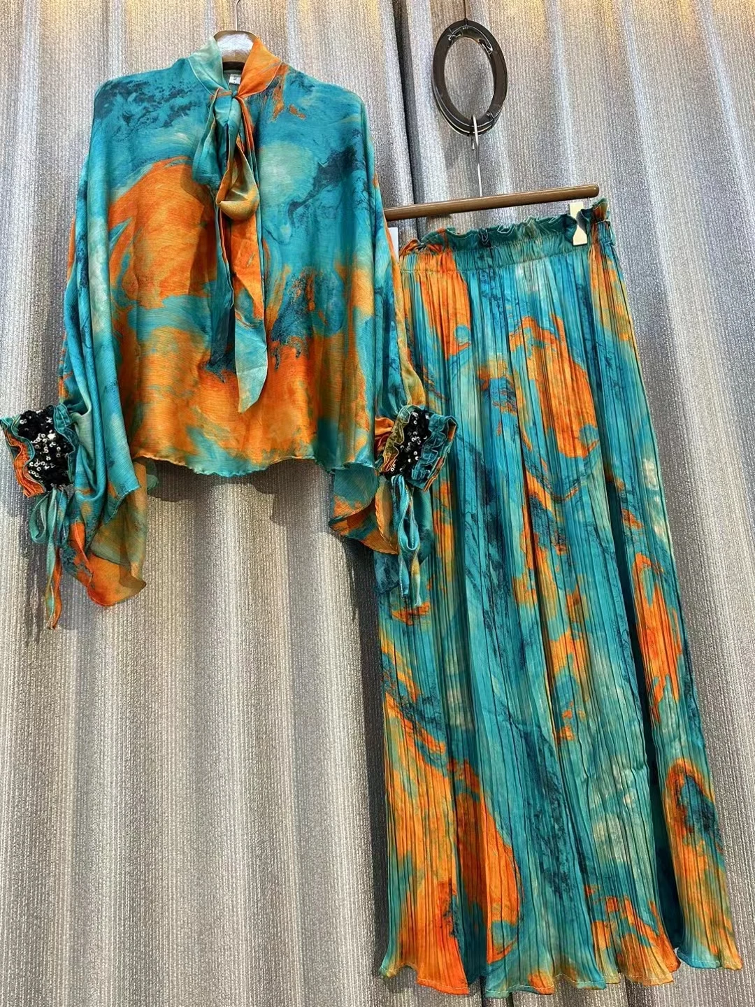 

Autumn Loose Fashion Bow Long Sleeve Suits Women Luxury Shirt Two-piece Clothing Casual High Waist Pleated Female Pants Sets Za