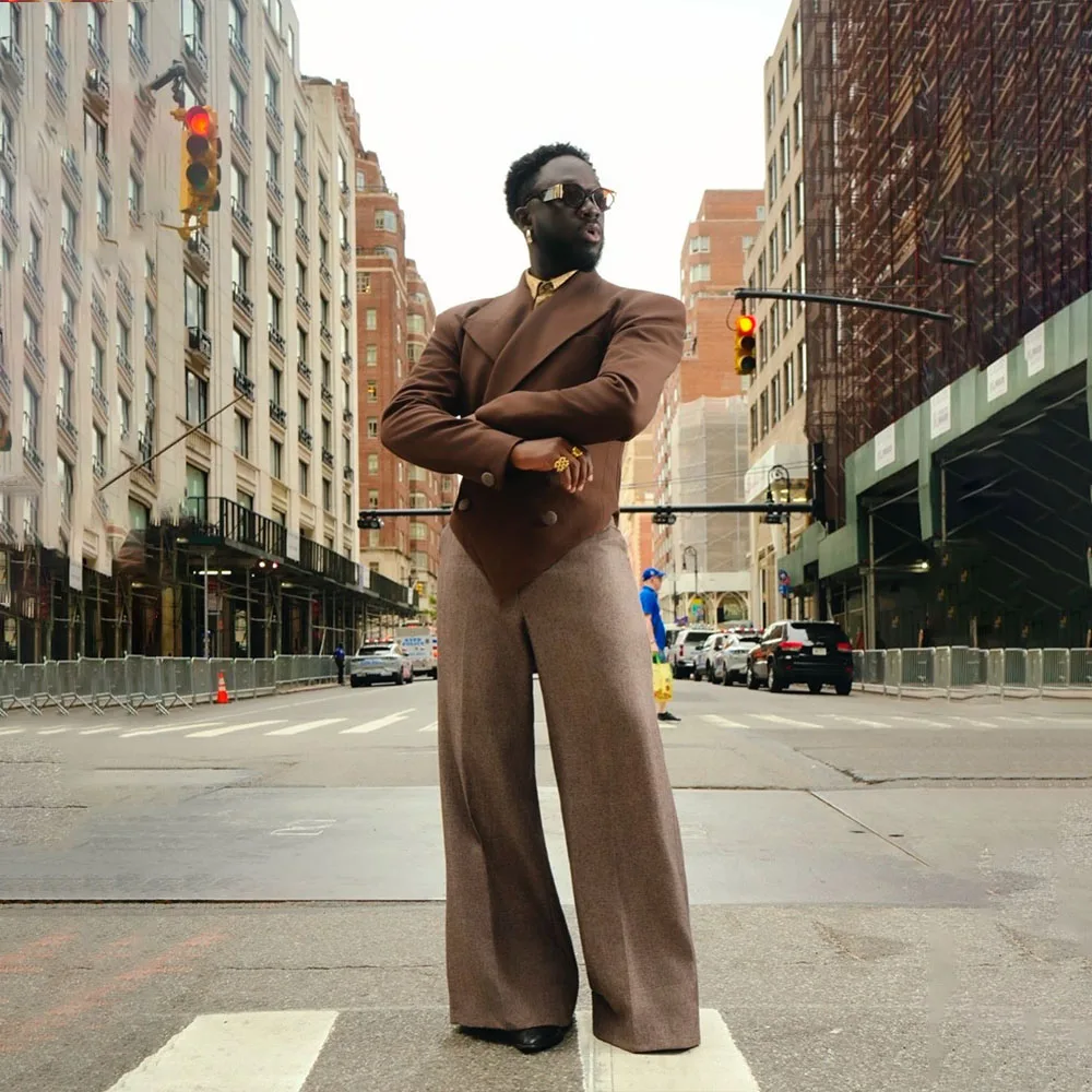 

Fashion Men's Suits Peaked Lapel Double Breasted Prom Suit Gala Blazer Slim Set Brown Evening Man Casual Jacket Customized