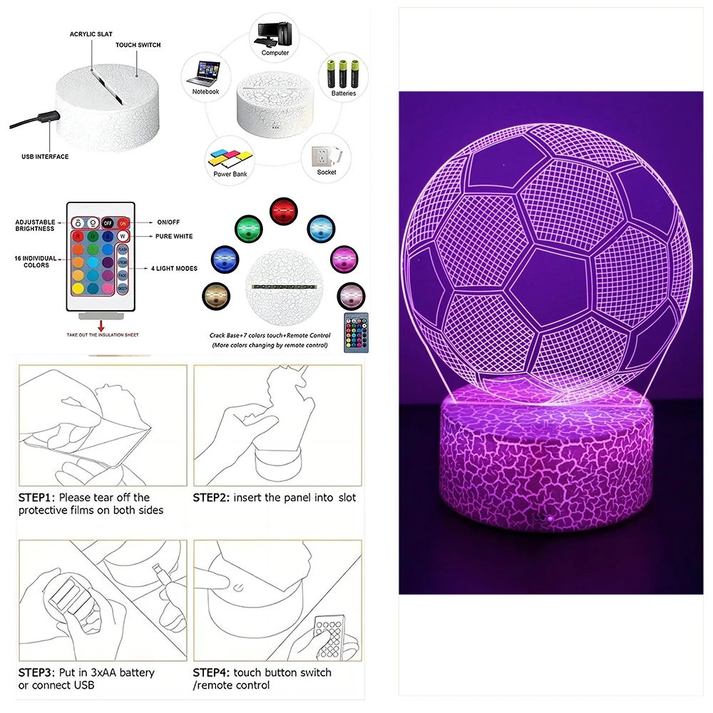 3D Football Lamp Illusion Child LED Night Light Luminous Soccer ball Touch  Nightlight Kids Bedroom Decoration Table Lamp Gifts