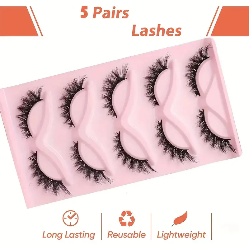 5 pairs of cat eye false eyelashes - fluffy and natural appearance, with fox eye tails, suitable for extending eye makeup