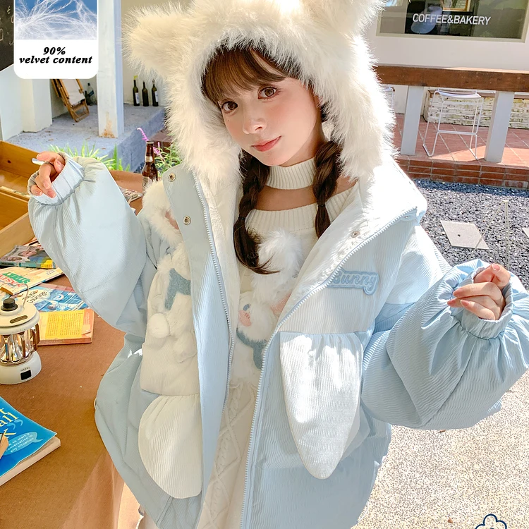 Cute Blue 3D Bunny Down Jacket Winter Warm Short Jacket Woman Sweet Loose Down Jacket